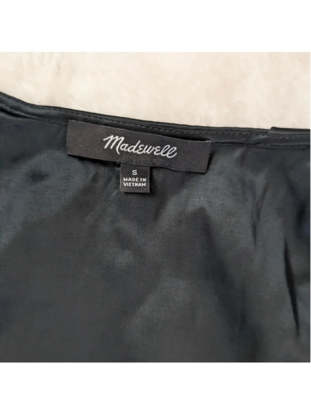 Madewell Shirred Puff-Sleeve Satin Black Top - Small